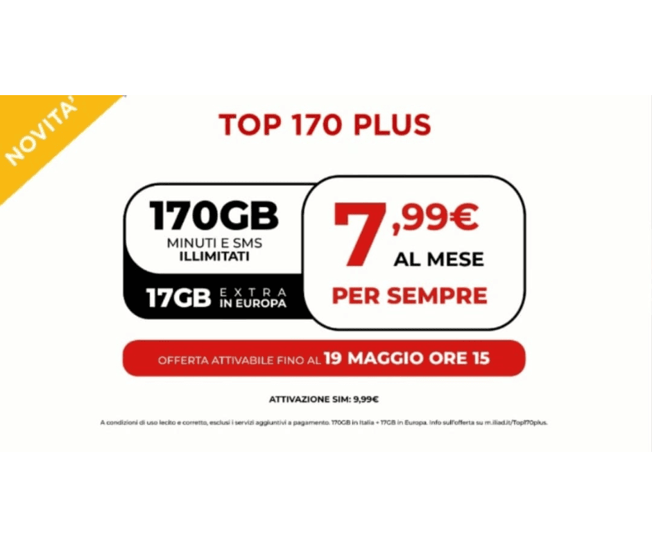 iliad TOP 170 PLUS: 170 Giga a €7,99 al mese per sempre (offerta limitata)